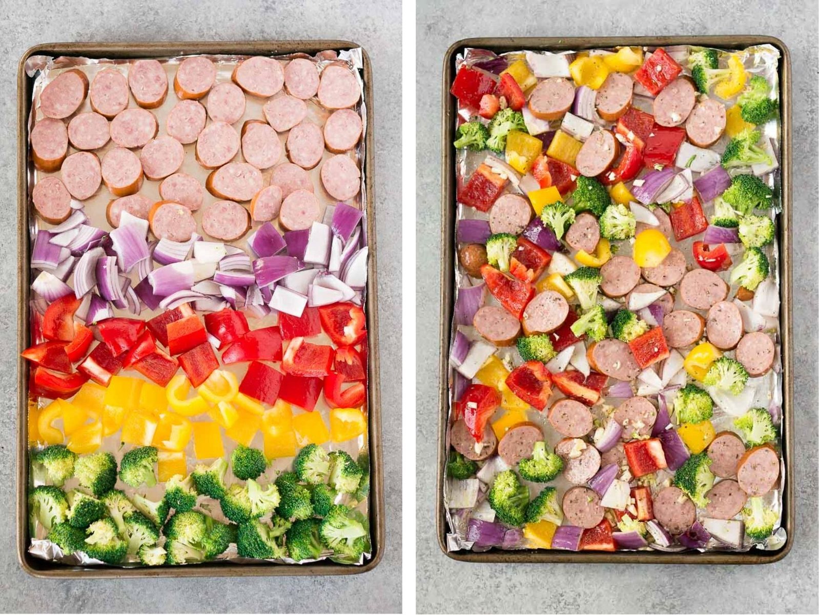sausage and vegetables on a sheet pan - process shots