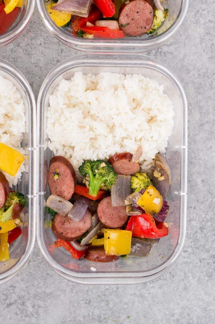 Roasted Vegetables and Sausage with Rice Meal Prep Bowl