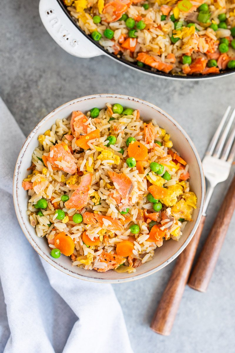 salmon fried rice served in a bowl