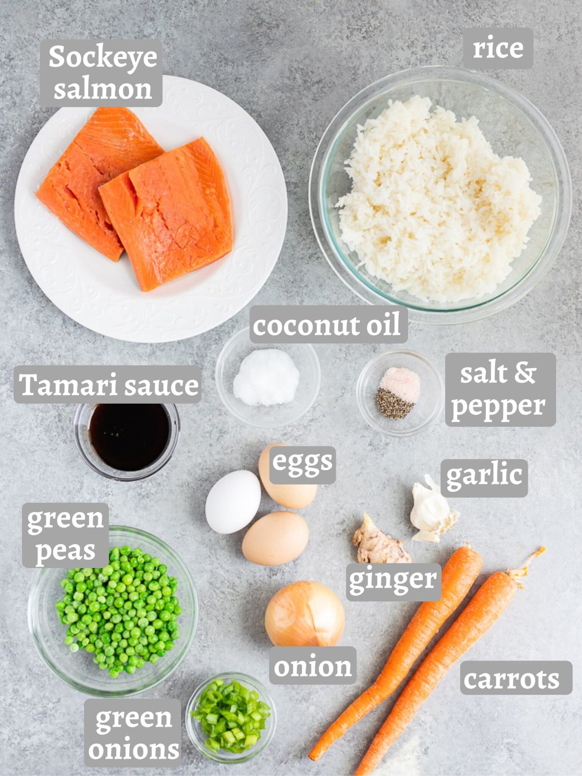 ingredients for making fried rice with salmon