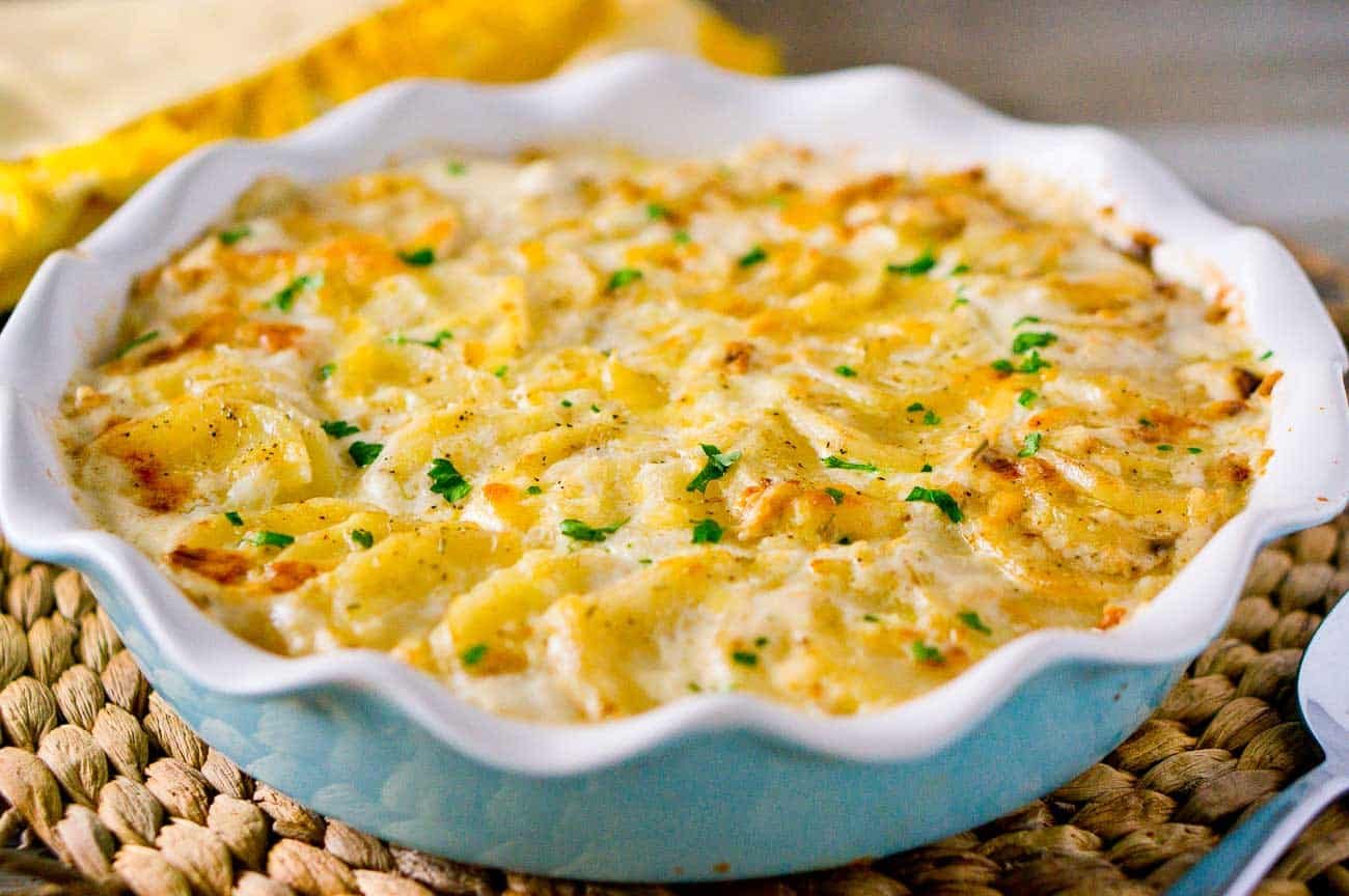 Scalloped Potatoes in a baking dish ready to serve