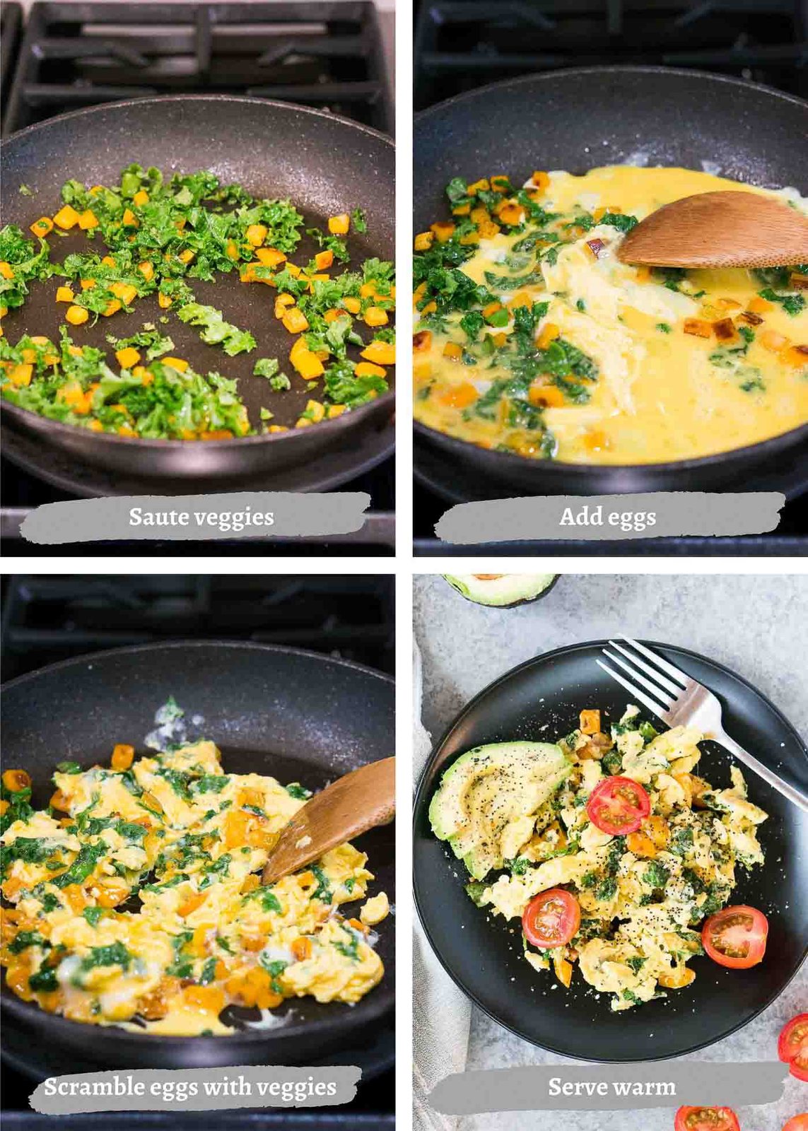 process images of scrambling eggs in a skillet