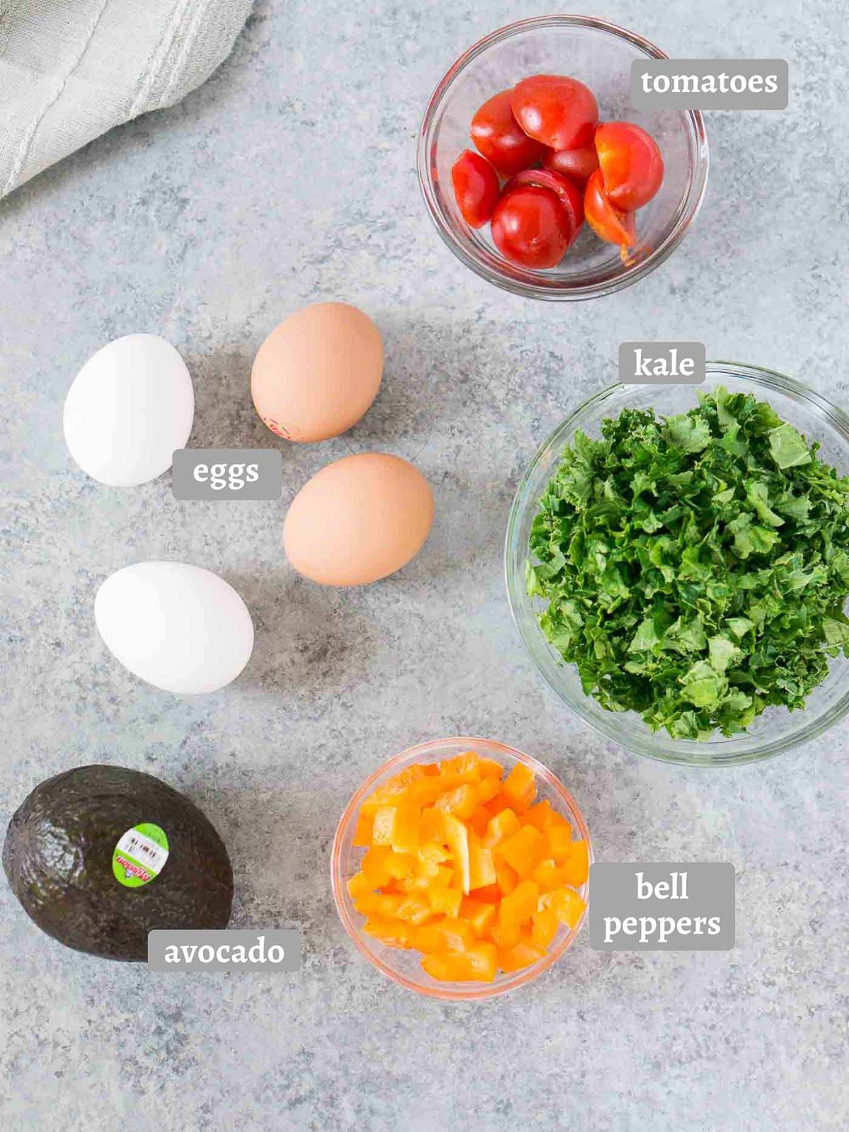 ingredients for making scrambled eggs with vegetables