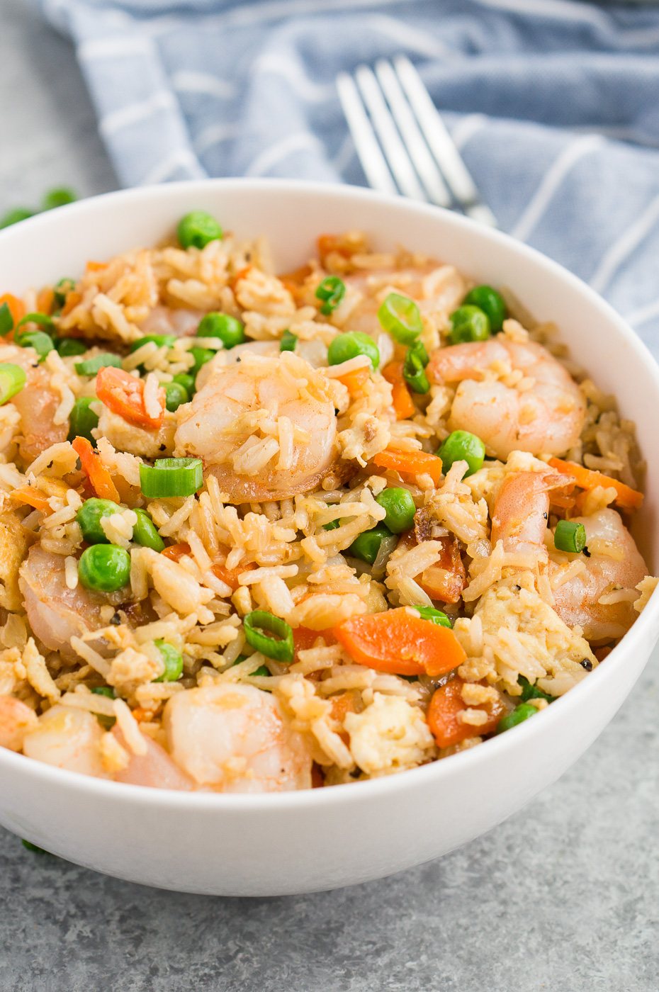 prawns fried rice in a white bowl