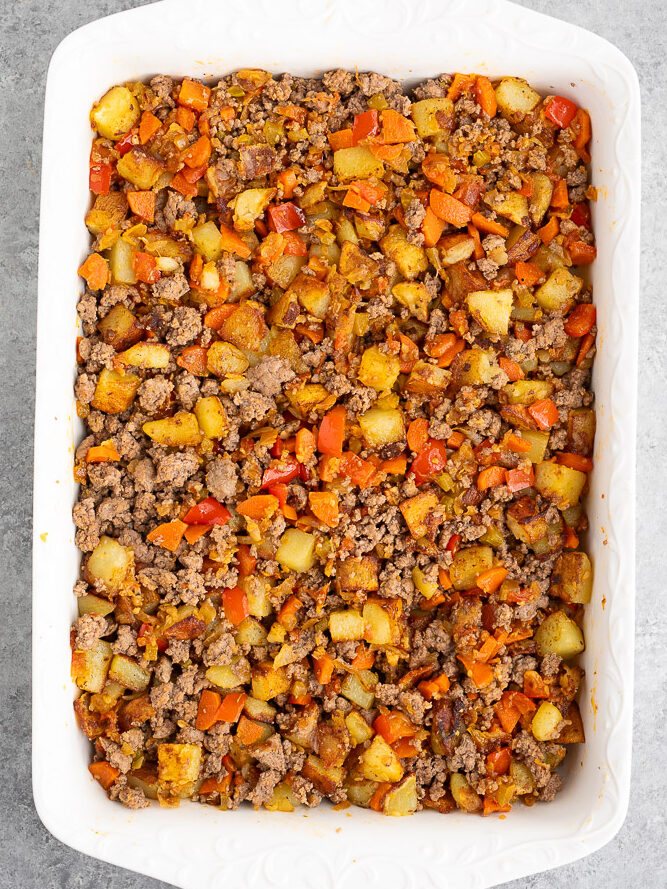 vegetables and ground beef in a casserole dish