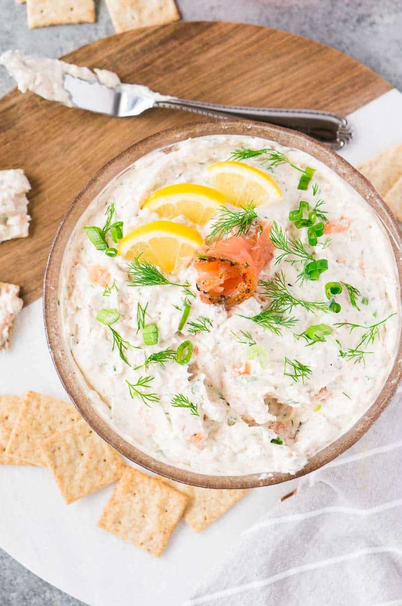close up shot of smoked salmon cream cheese dip