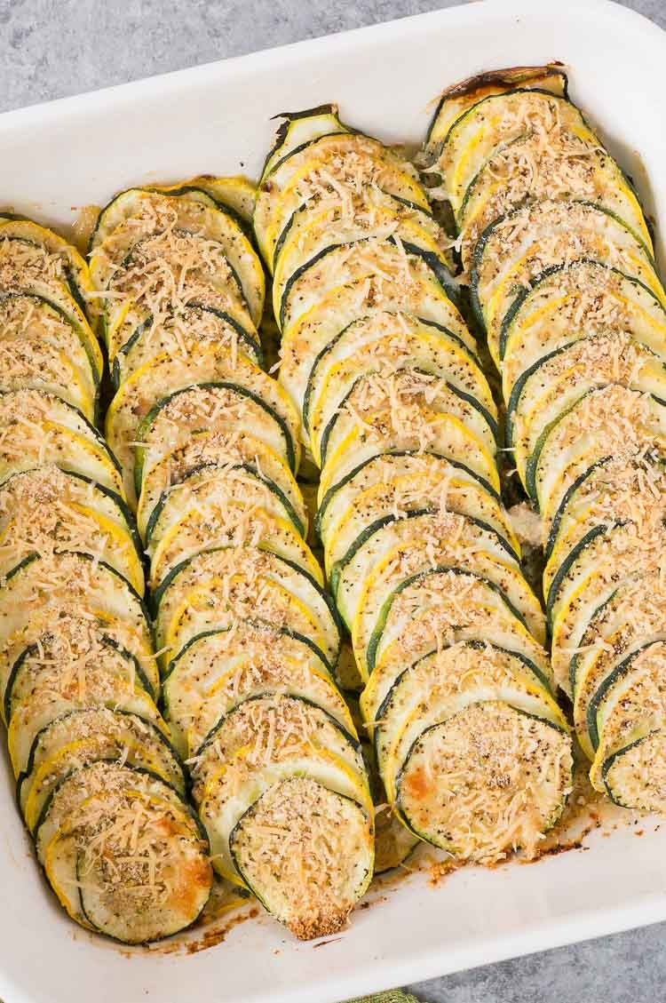 close up shot of baked squash and zucchini casserole