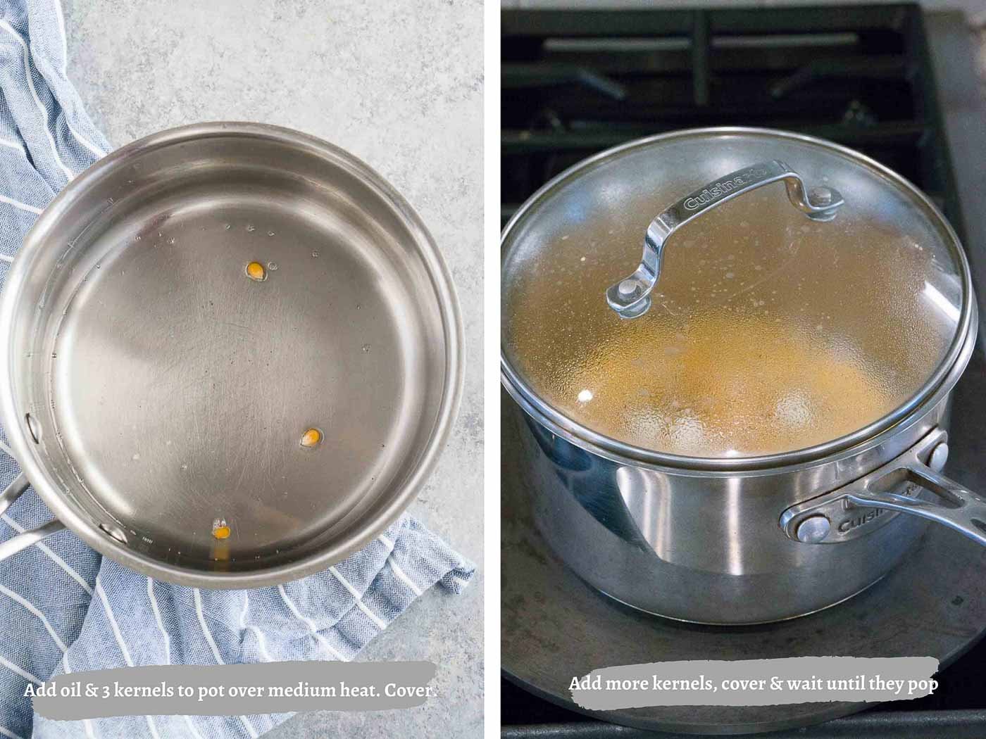 process images of making popcorn on the stove