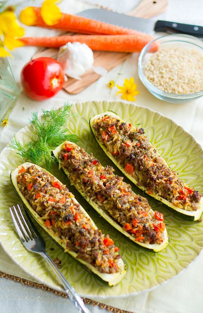 Stuffed Zucchini Boats with Garlic Sauce