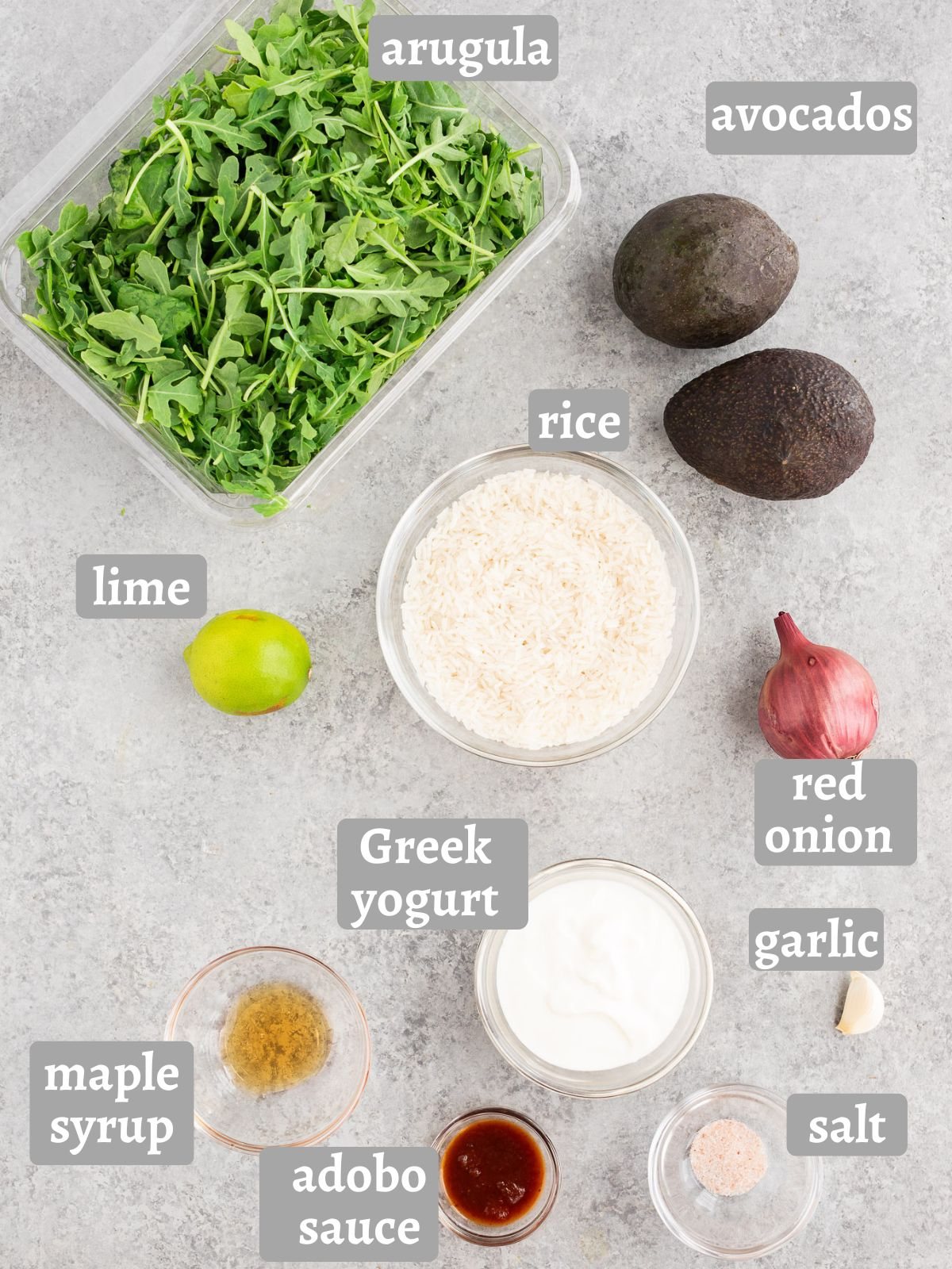 arugula, avocados, rice and Chipotle Lime crema ingredients
