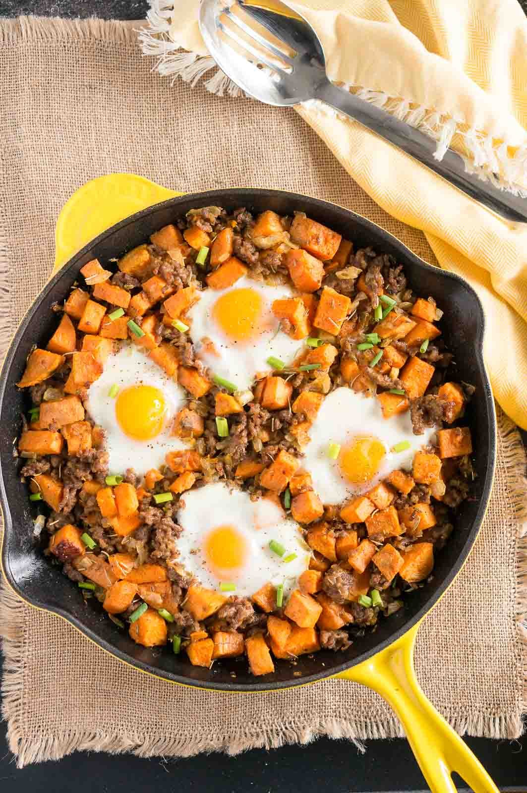 Paleo Sweet Potato Hash with Sausage and Eggs