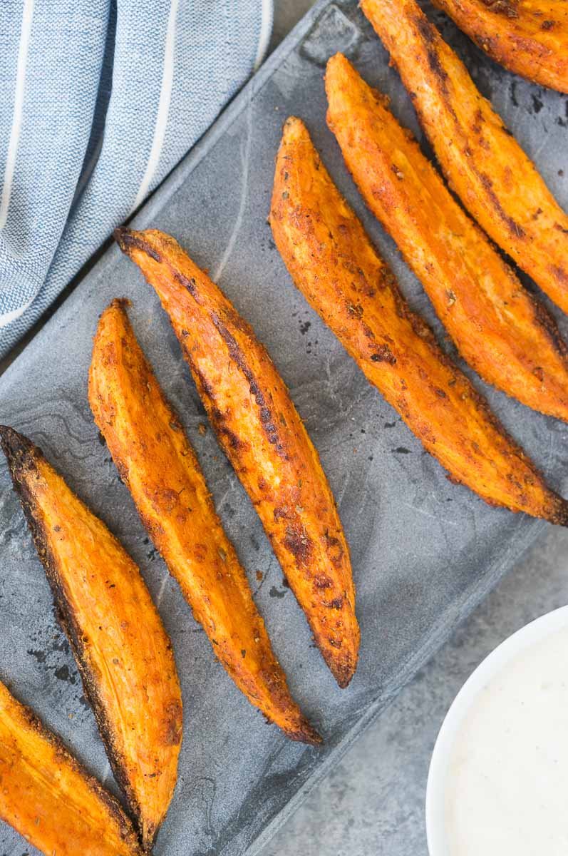 close up shot of roasted crispy sweet potatoes