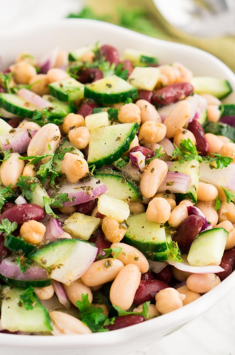 close up shot of three bean salad ingredients