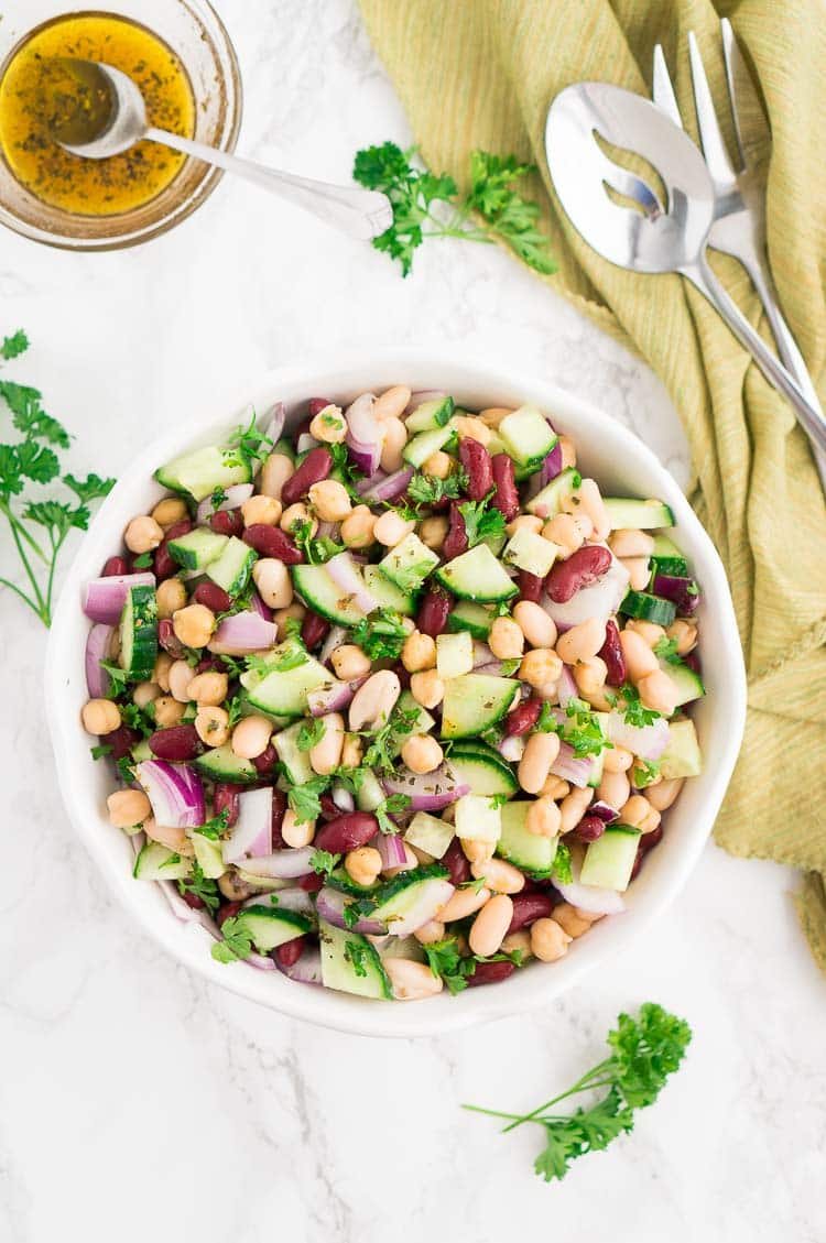 top shot of three bean salad in a bowl