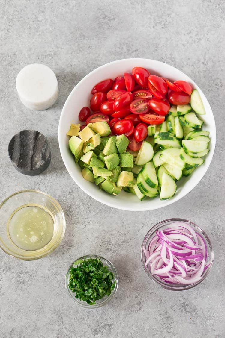 ingredients for tomato avocado cucumber salad