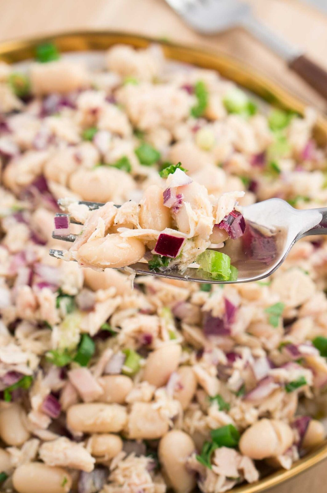 close up image of a bite of white bean tuna salad