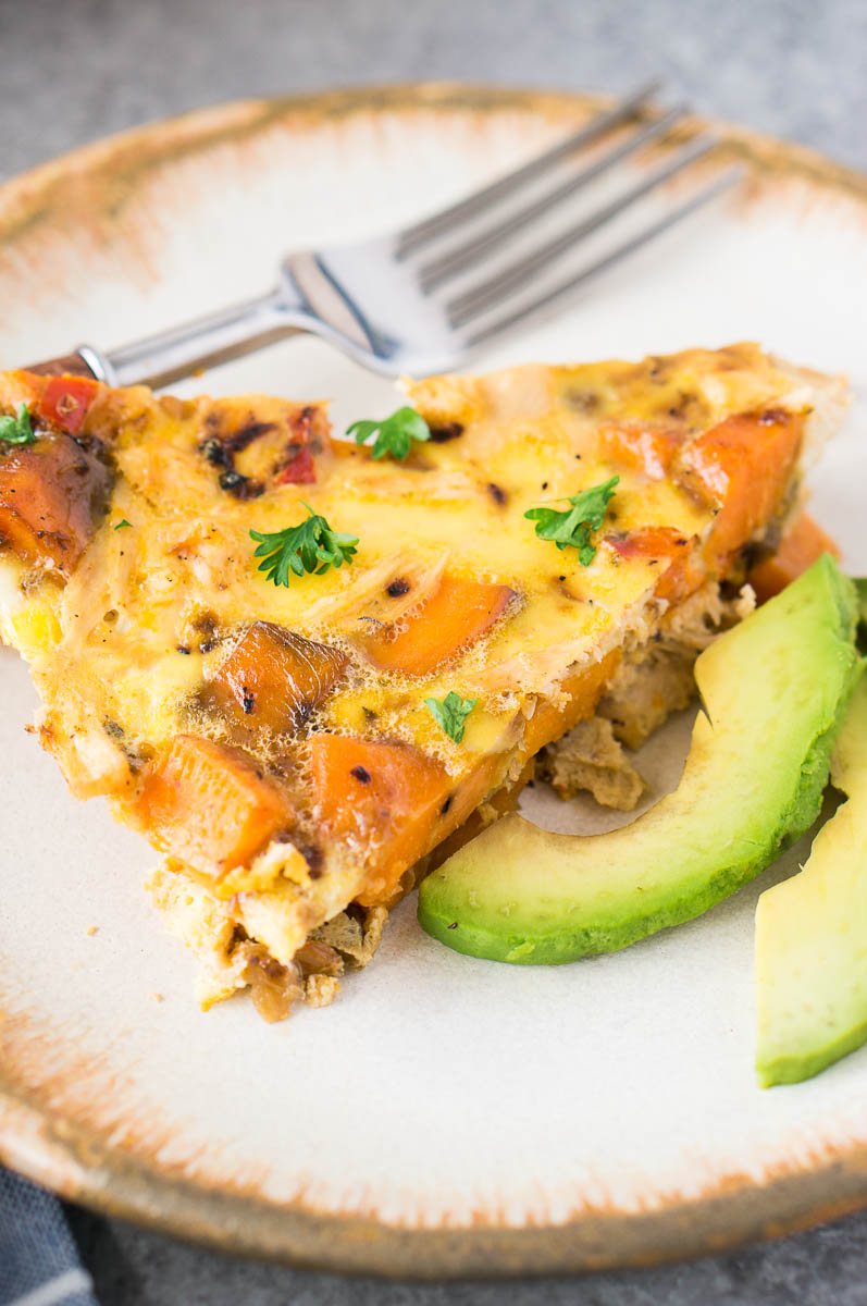 close up shot of leftover turkey sweet potato frittata