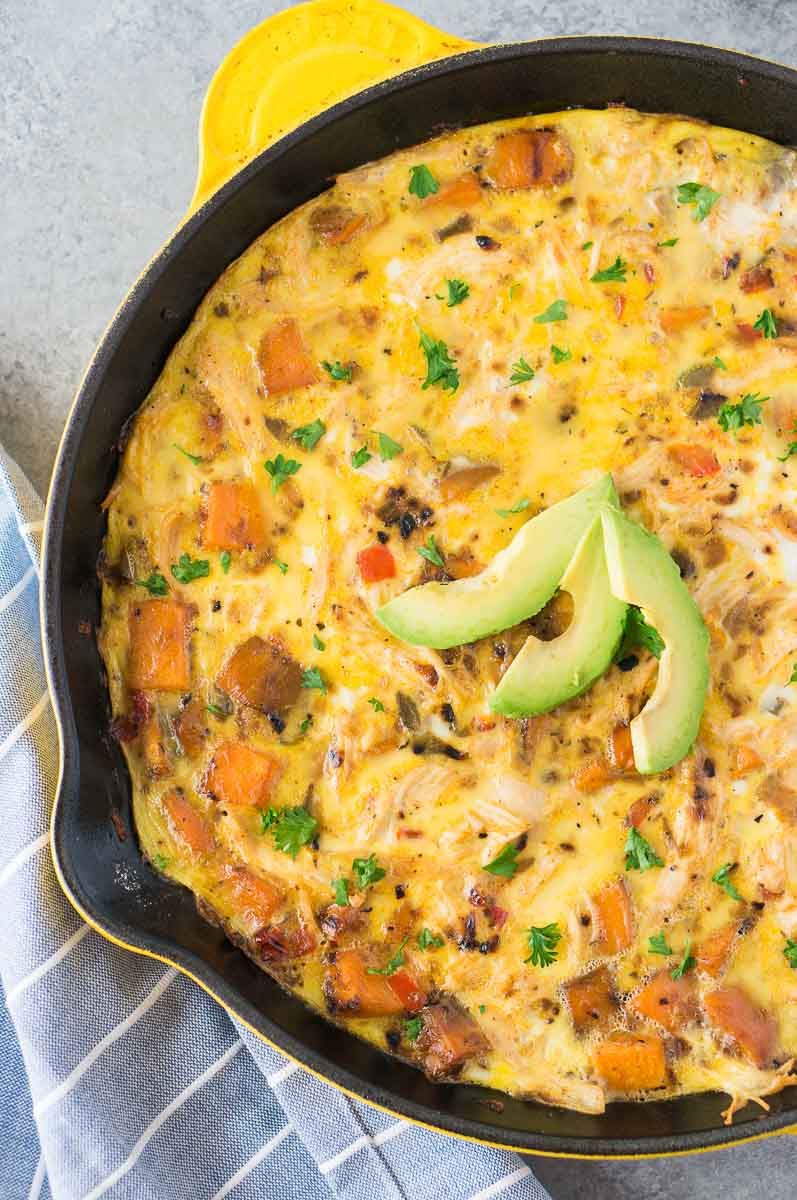 close of leftover turkey frittata in skillet