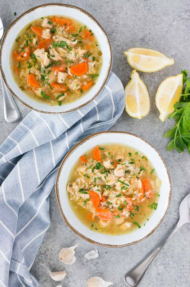 two bowls of rice and turkey soup