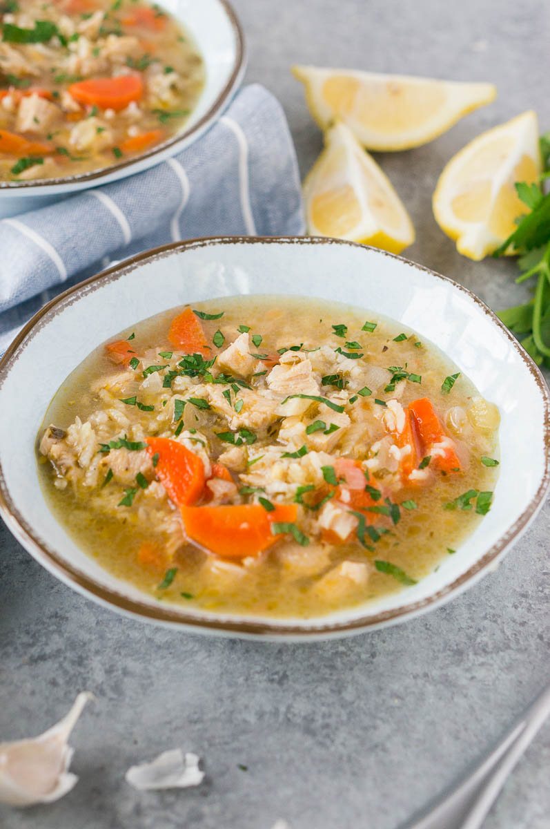 close up image of homemade soup with leftover turkey and rice