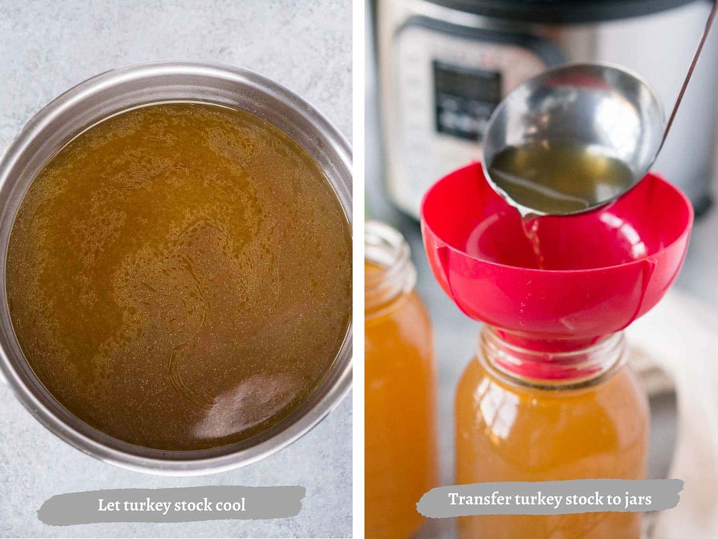straining turkey stock and storing it in jars
