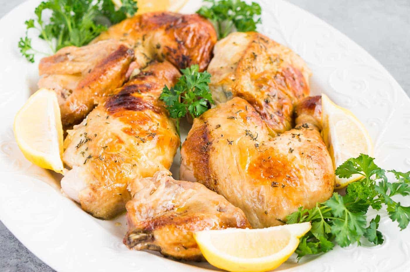 carved roasted chicken on a platter