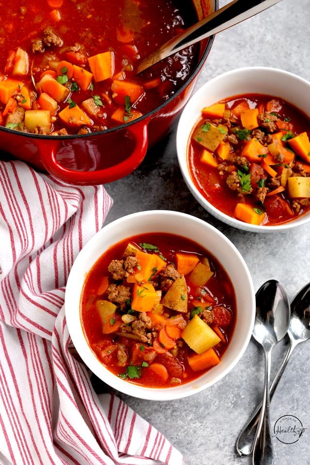 bowls of healthy hamburger soup (a Whole30 dinner recipe)