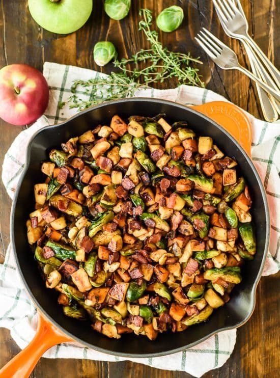 chicken skillet dinner with Brussels sprouts and sweet potatoes