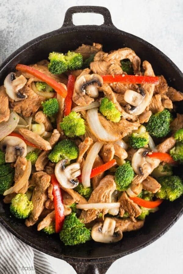 chicken stir fry in a skillet