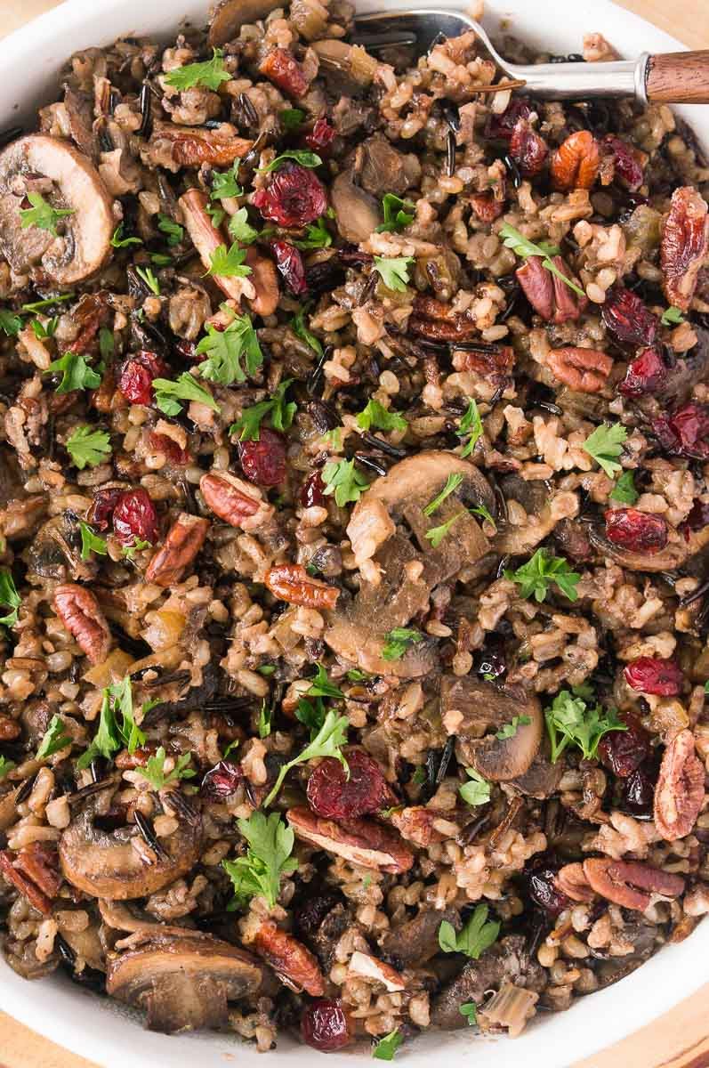 close up shot of wild rice with mushrooms recipe
