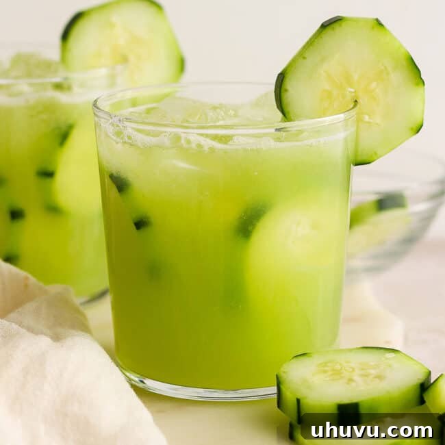 Agua de Pepino (Mexican Cucumber Agua Fresca) in glasses garnished with cucumber slices.
