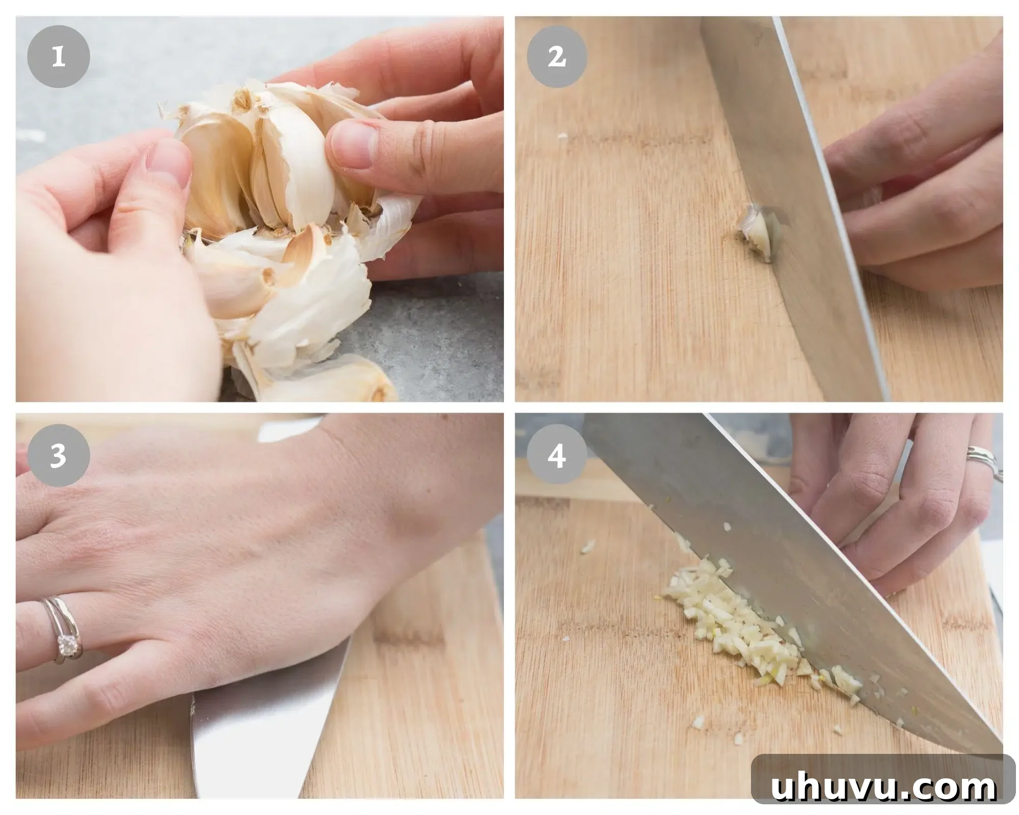 Step-by-step visuals showing how to peel and mince garlic using a knife, progressing from whole cloves to a finely minced consistency on a cutting board