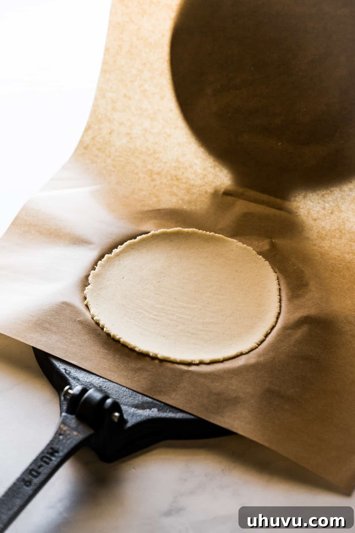 Flattened masa dough on a tortilla press, transformed into a perfect circle for corn tortillas.