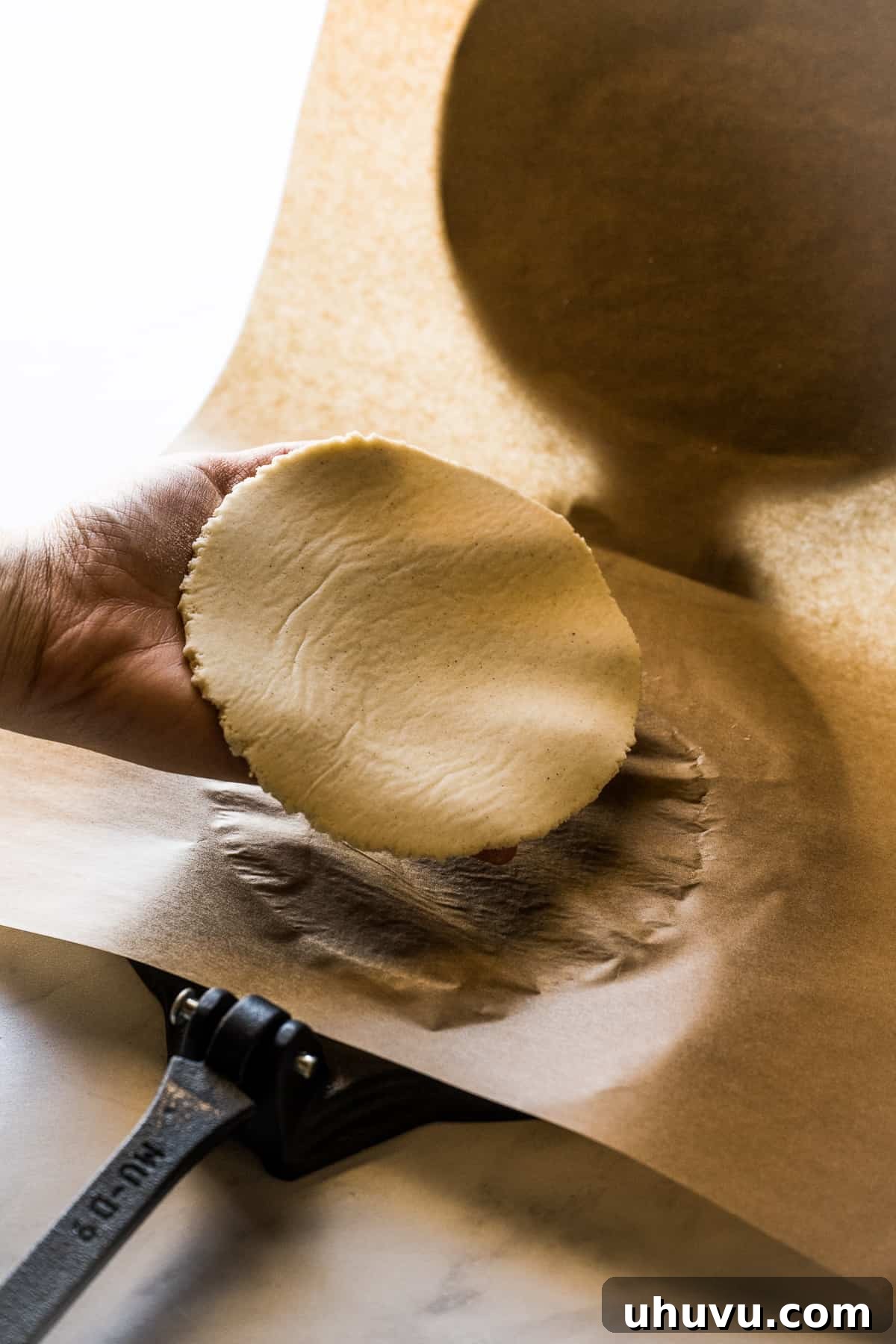 A hand gently holding a raw, freshly pressed corn tortilla, ready for cooking.