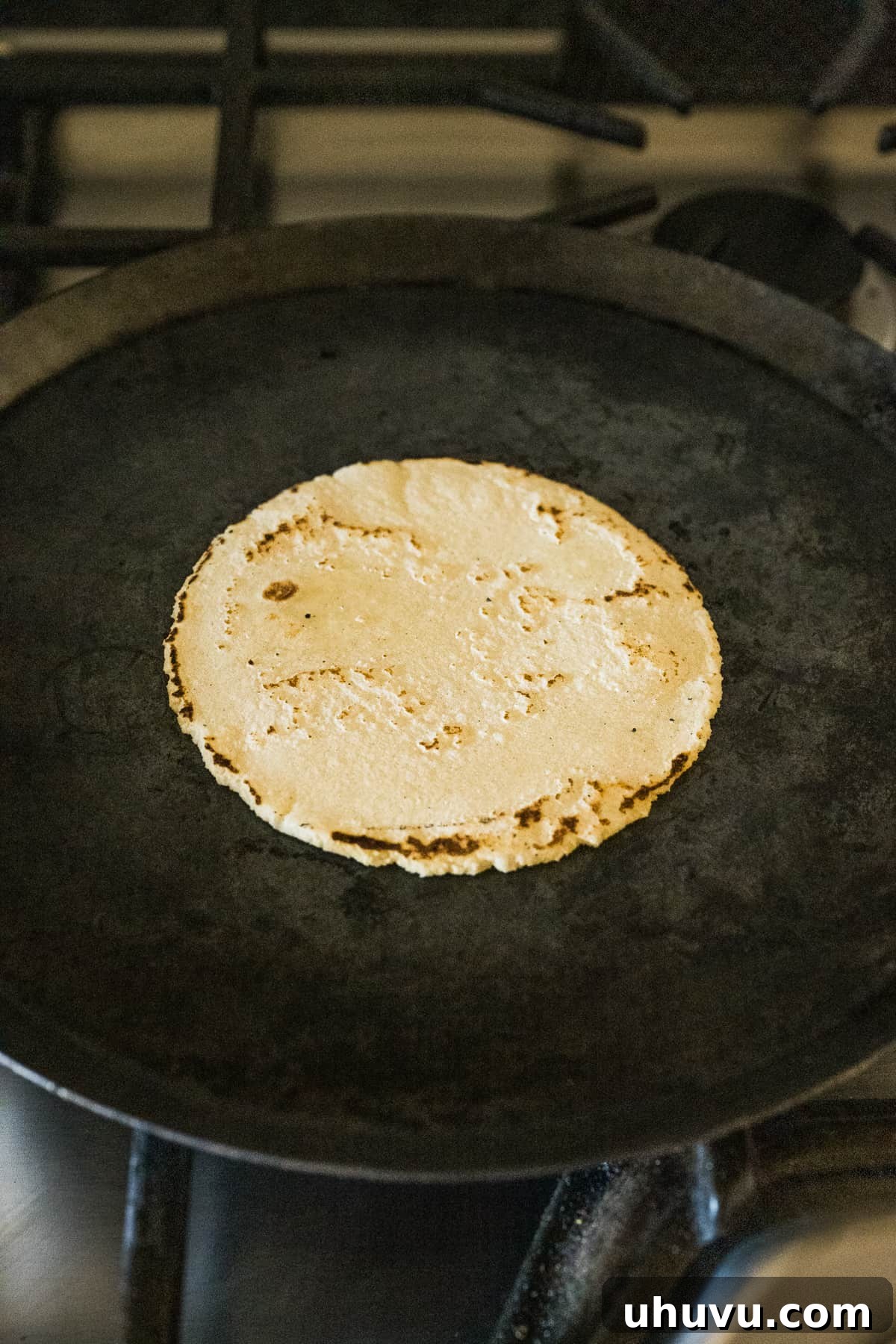 A beautifully cooked corn tortilla resting on a comal, showing a slight puff and golden-brown marks.