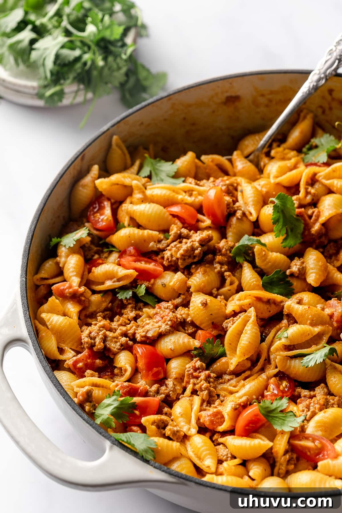 Southwestern Skillet Pasta 5 Easy taco pasta in a skillet ready to be eaten.