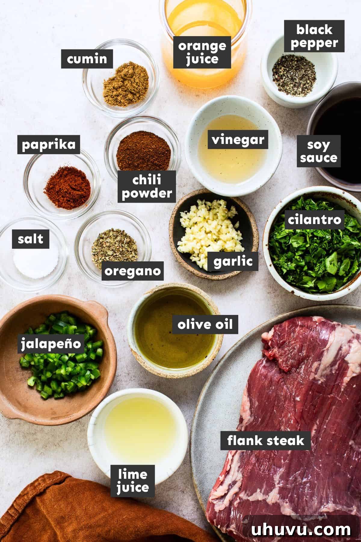 Perfect Grilled Carne Asada 3 Ingredients for carne asada on a table.