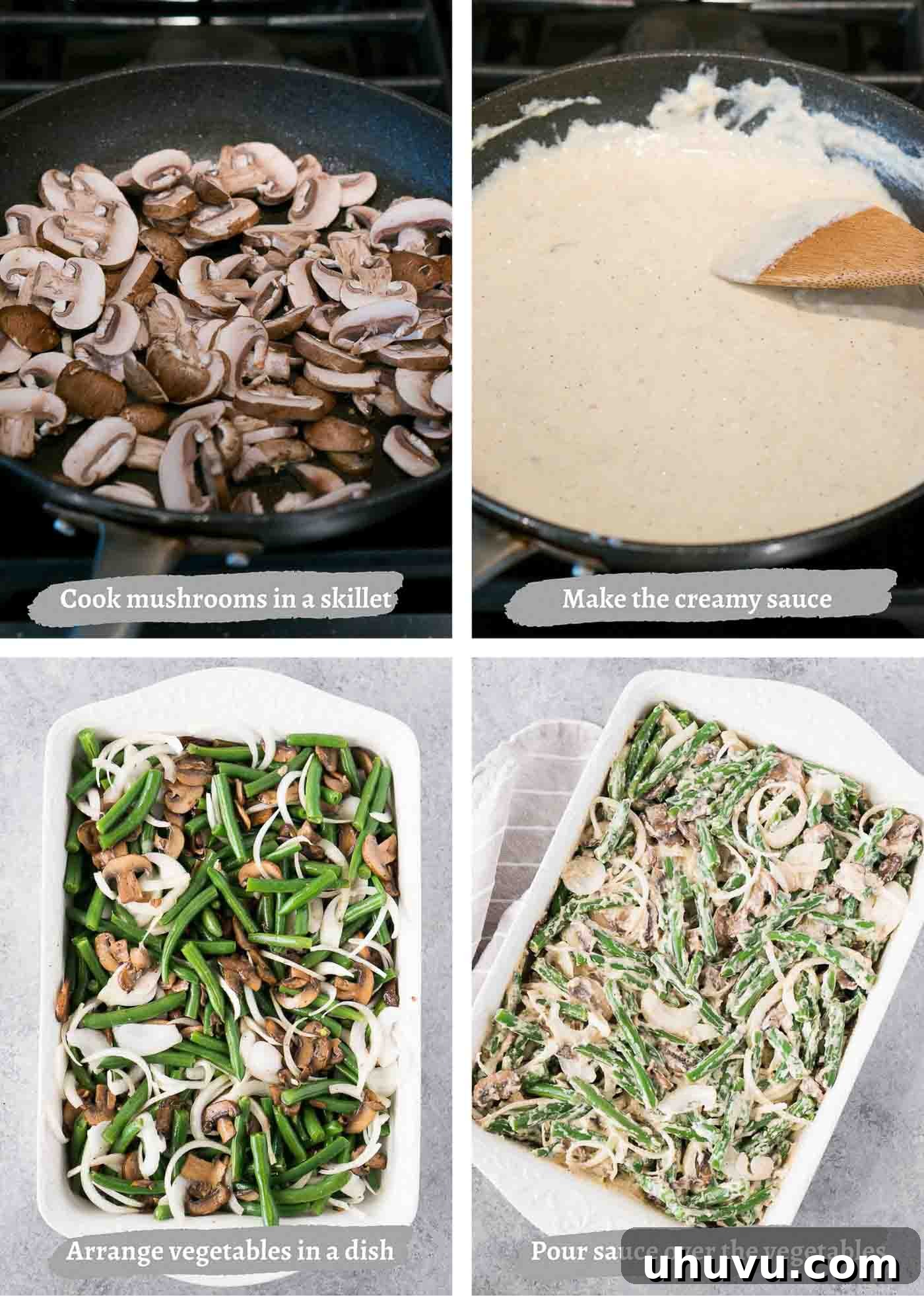 A series of process images showing the steps of making homemade green beans casserole, from preparing ingredients to mixing and topping.