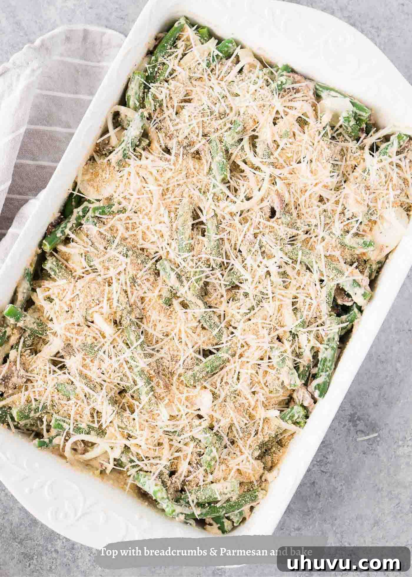 A beautiful holiday casserole in a baking dish, freshly removed from the oven and ready for serving at a festive gathering.