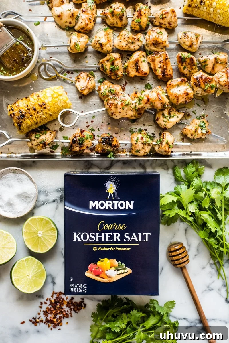 Succulent Chicken Kabobs Recipe 4 Ingredients for honey-lime sauce: Morton Coarse Kosher Salt, cilantro, limes, and red pepper flakes, alongside grilled chicken kabobs.
