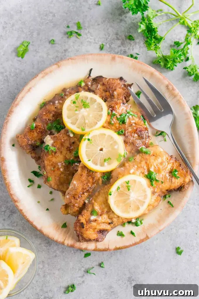 Close-up of appetizing Chicken Francese, garnished with parsley and lemon slices.