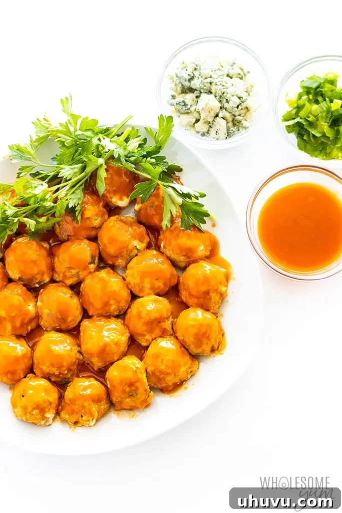 Quick Freezer Meals: Recipes and Time-Saving Hacks 14 A delicious platter of Low Carb/Keto Buffalo Chicken Meatballs, garnished.