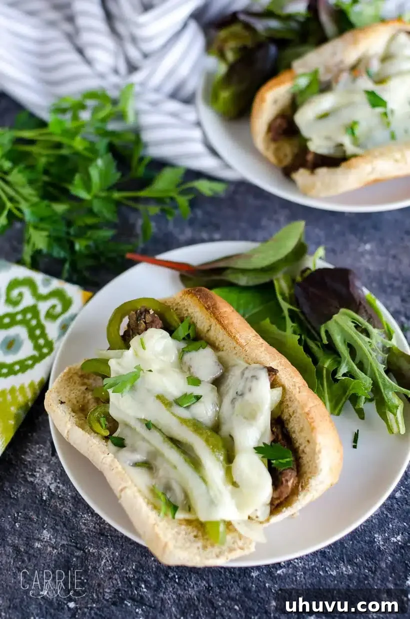 Quick Freezer Meals: Recipes and Time-Saving Hacks 6 A savory Instant Pot Philly Cheesesteak served on a plate with a side of fresh greens.