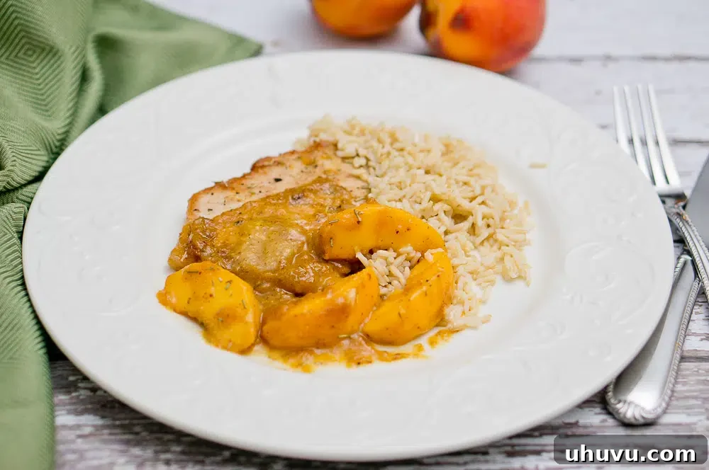 Close-up of the tender Rosemary Peach Pork Tenderloin