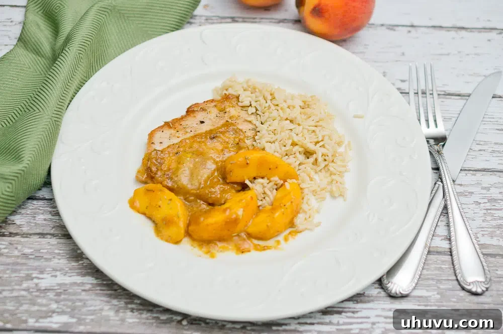 Serving suggestion for Rosemary Peach Pork Tenderloin with side dish