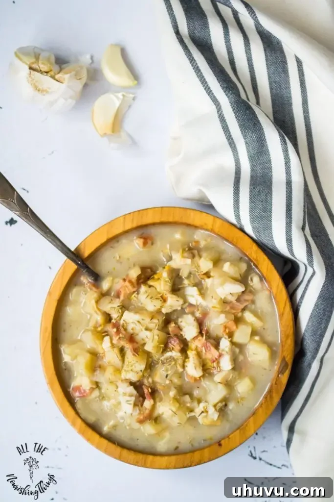 Comforting bowl of Keto Instant Pot Clam Chowder, rich and creamy