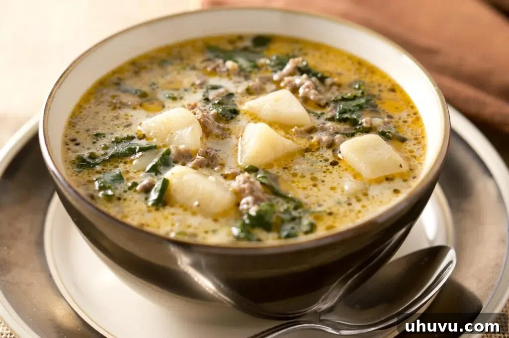 Hearty bowl of Zuppa Toscana soup with sausage, potatoes, and kale