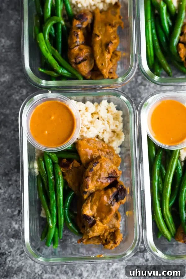 Low Carb Satay Beef Meal Prep served with green beans