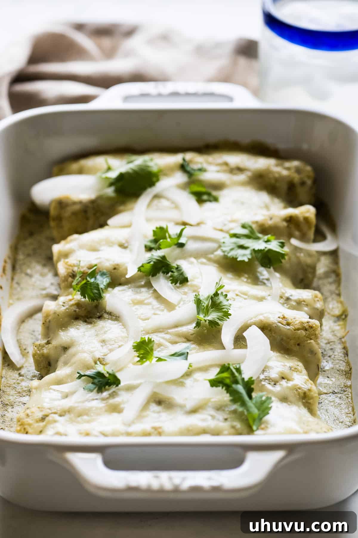 Creamy Tomatillo Enchiladas 9 Enchiladas suizas in a baking dish ready to serve.
