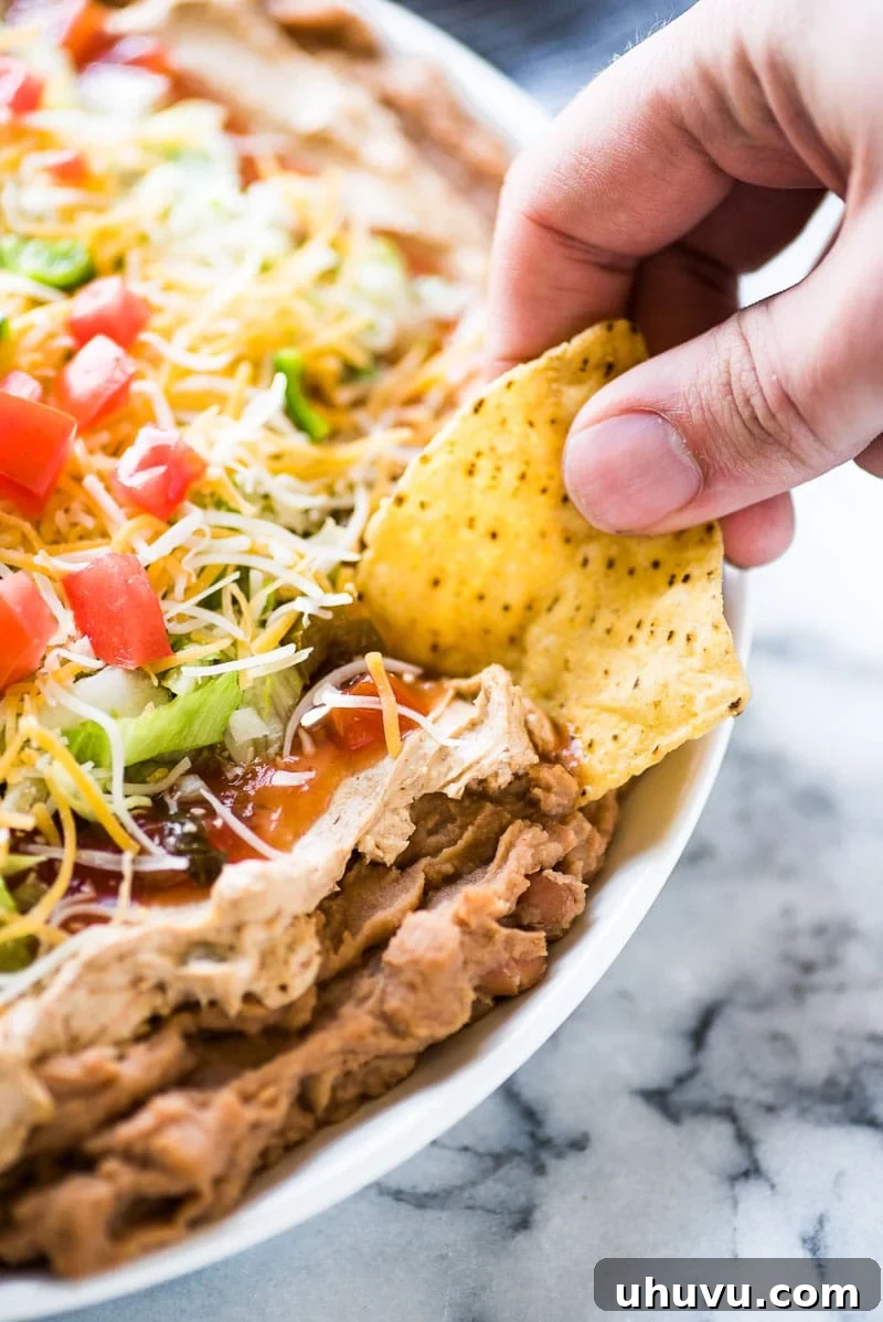 Fresh & Light Taco Dip 6 Various dippers like tortilla chips and fresh vegetables next to the healthy 5-layer taco dip.